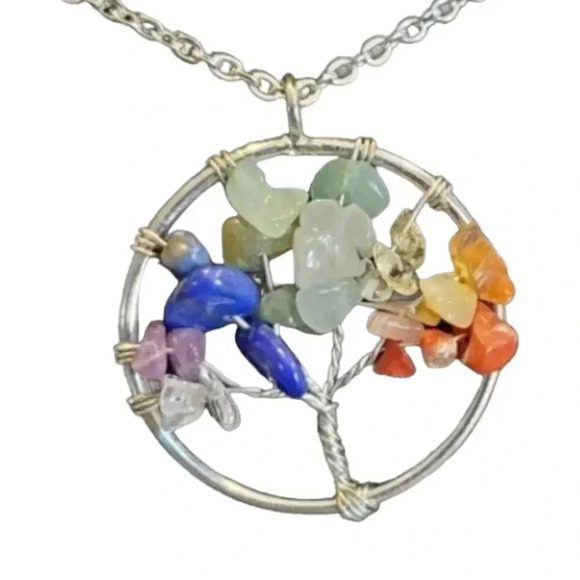 Chakra Tree of Life Necklace Wire Wrapped with Stone Chips- Silver - Picture 2 of 8